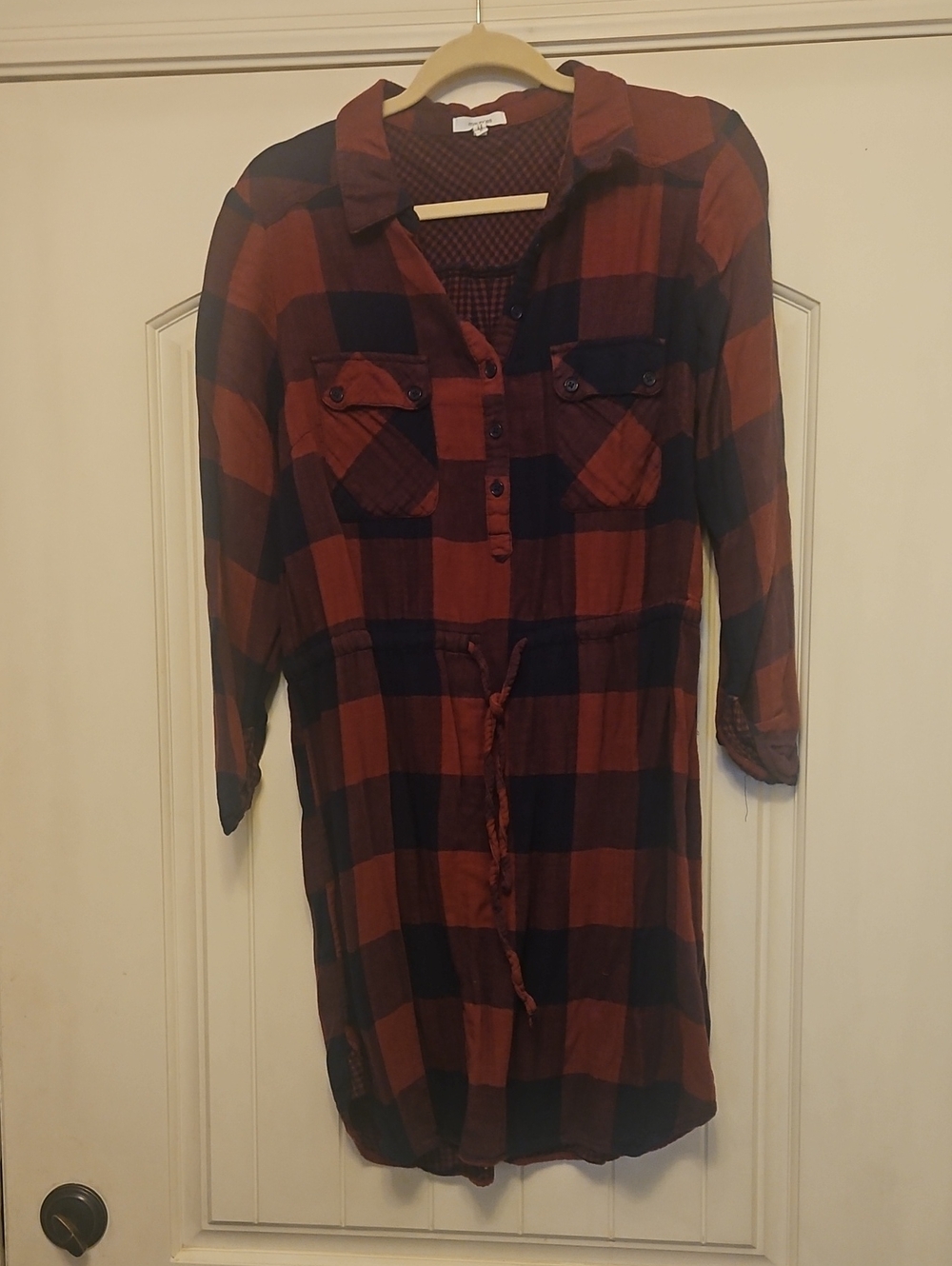 Maurices Rust and Navy Plaid Long Sleeve Shirt Dress